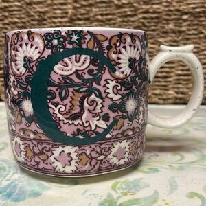 NWOT Anthropologie Monogram “C” Mug Thumb Rest Speckled Floral Purple Teal White